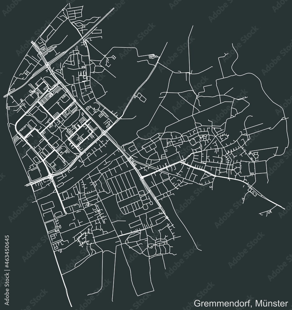 Detailed negative navigation urban street roads map on dark gray background of the quarter Gremmendorf district of the German capital city of Münster-Muenster, Germany