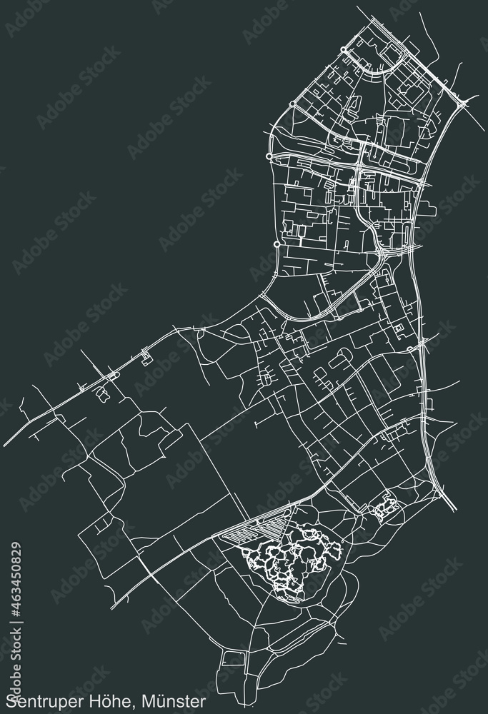 Detailed negative navigation urban street roads map on dark gray background of the quarter Sentruper Höhe district of the German capital city of Münster-Muenster, Germany