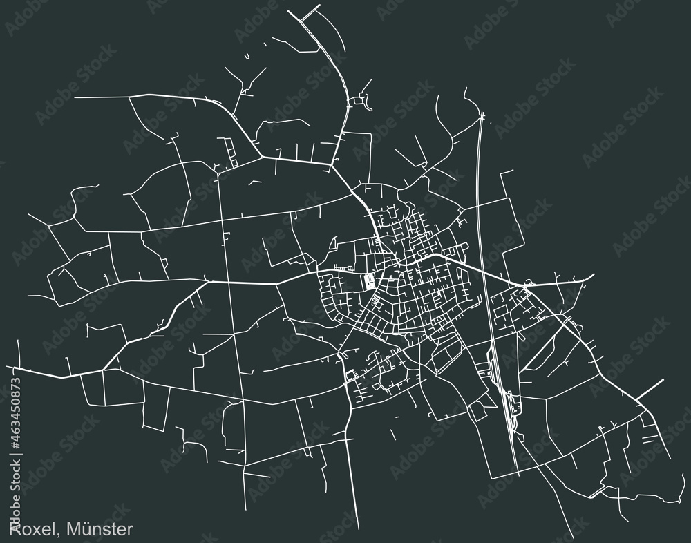 Detailed negative navigation urban street roads map on dark gray background of the quarter Roxel district of the German capital city of Münster-Muenster, Germany