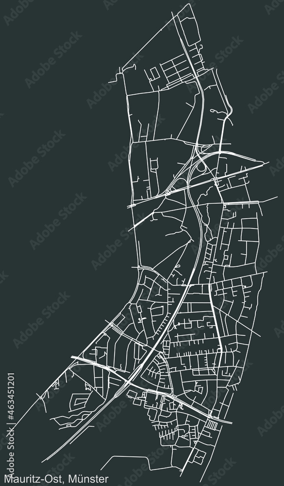 Detailed negative navigation urban street roads map on dark gray background of the quarter Mauritz-Ost district of the German capital city of Münster-Muenster, Germany