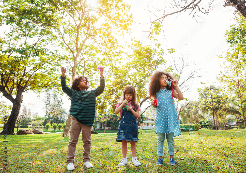 Fototapeta premium Group of children playing blowing bubbles fun
