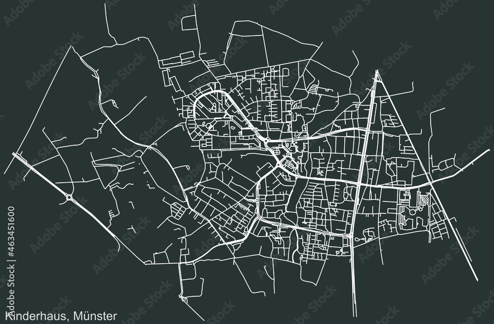 Detailed negative navigation urban street roads map on dark gray background of the quarter Kinderhaus district of the German capital city of Münster-Muenster, Germany