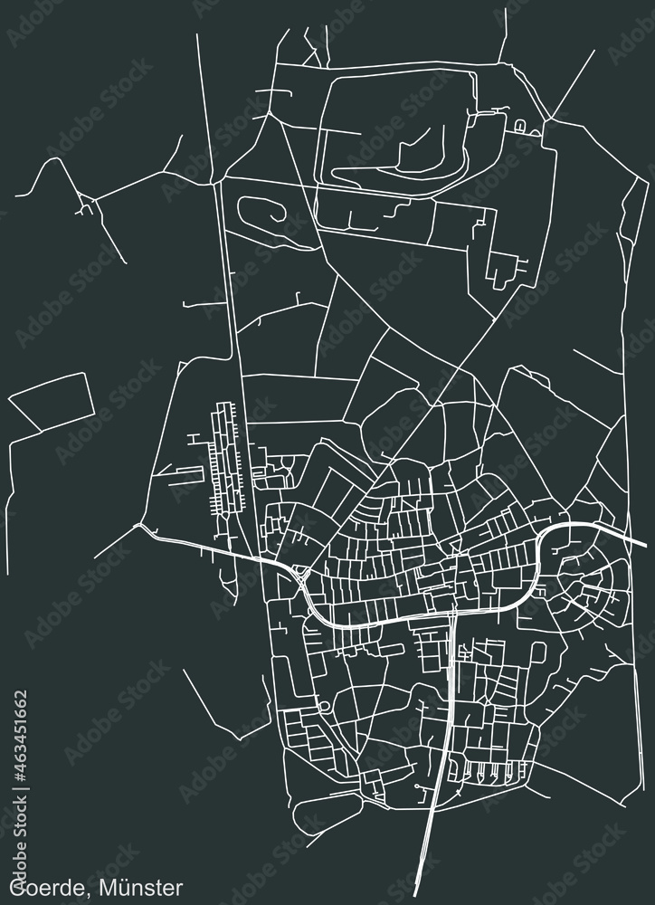 Detailed negative navigation urban street roads map on dark gray background of the quarter Coerde district of the German capital city of Münster-Muenster, Germany
