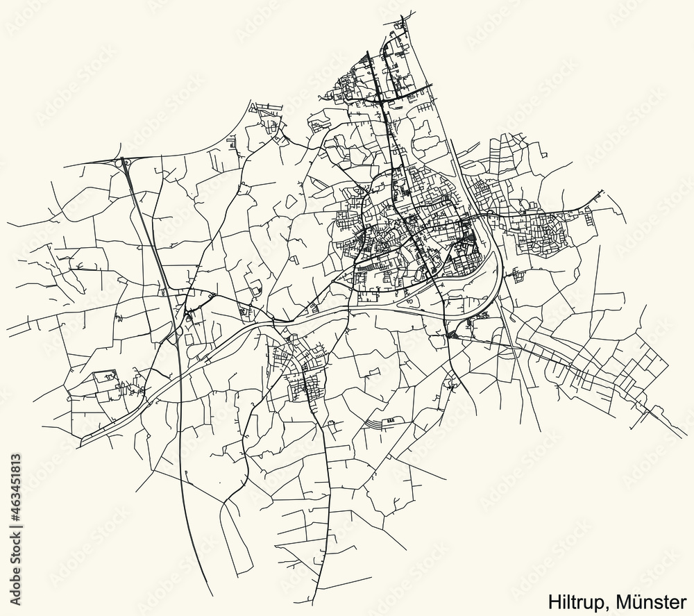 Detailed navigation urban street roads map on vintage beige background of the quarter Hiltrup district of the German regional capital city of Münster-Muenster, Germany