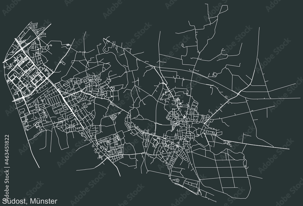 Obraz premium Detailed negative navigation urban street roads map on dark gray background of the quarter Süd-Ost district of the German regional capital city of Münster-Muenster, Germany