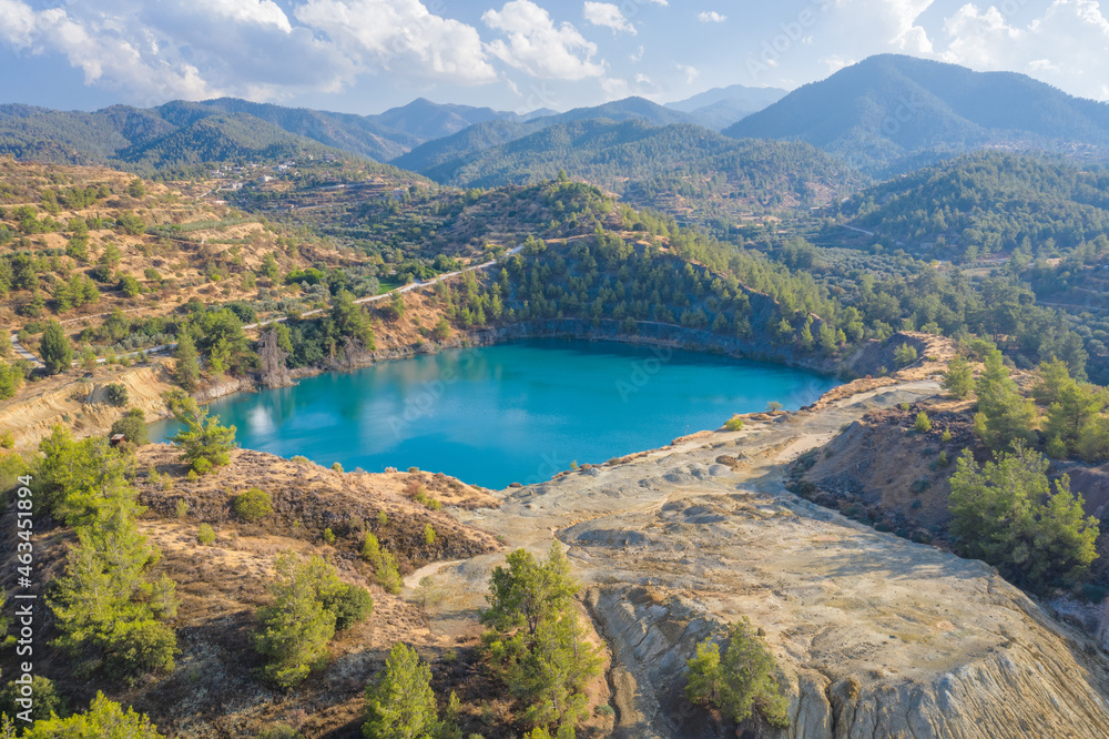 Memi mine lake, abandoned copper mine in Cyprus with the environment partially recovered and reforested