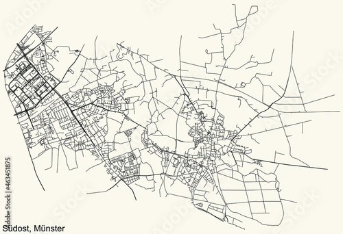 Detailed navigation urban street roads map on vintage beige background of the quarter Süd-Ost district of the German regional capital city of Münster-Muenster, Germany