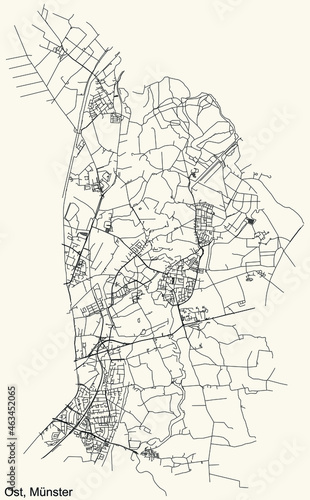 Detailed navigation urban street roads map on vintage beige background of the quarter Ost district of the German regional capital city of Münster-Muenster, Germany