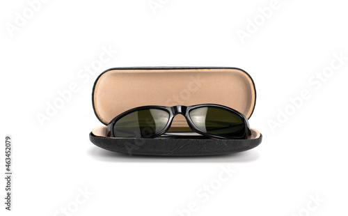 black sunglasses and a black box isolated on a white background