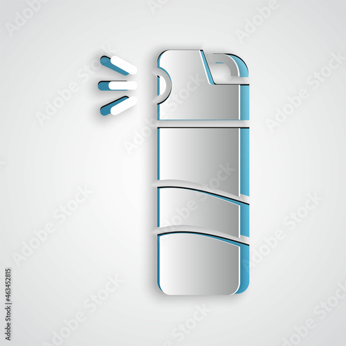 Paper cut Pepper spray icon isolated on grey background. OC gas. Capsicum self defense aerosol. Paper art style. Vector