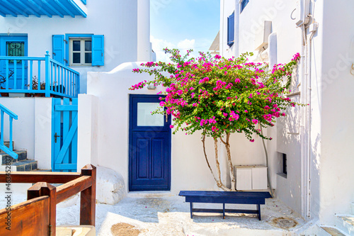 Fototapeta Naklejka Na Ścianę i Meble -  Iconic Mykonos picture. Famous old town street with white houses, blue fences and bougainvillea flower. Mykonos island, Greece
