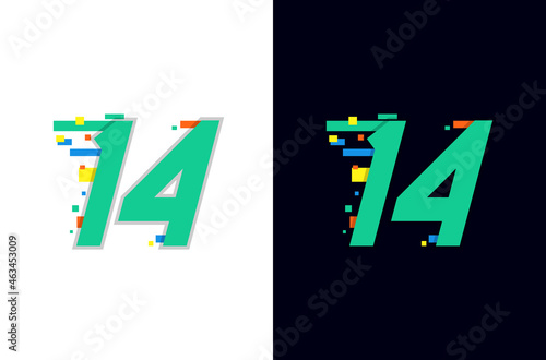 Colorful digital number 14 logo with pixel icon. Fast technology