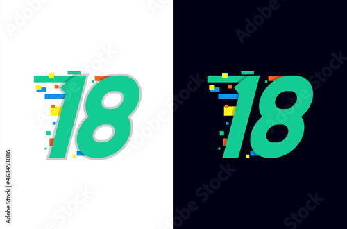 Colorful digital number 18 logo with pixel icon. Fast technology