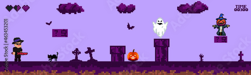 Halloween pixel game. Retro art games. 8-16 bit pixel platformer game resource. Vector illustration
