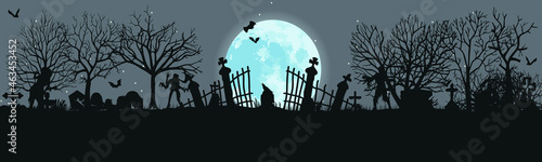 Panoramic silhouette of a cemetery with zombies.
Halloween holiday. Landscape with dead people, monsters and crosses. Spooky illustration
Vector illustration for Halloween. eps 10