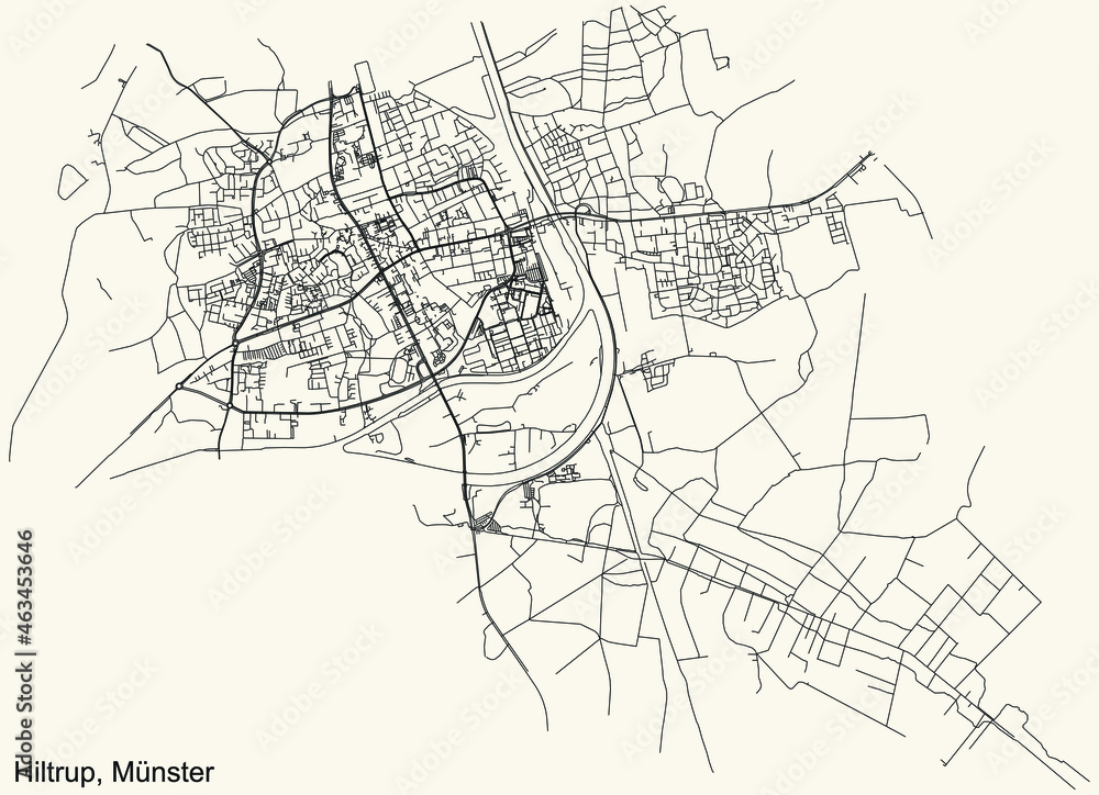 Detailed navigation urban street roads map on vintage beige background of the quarter Hiltrup  district of the German capital city of Münster-Muenster, Germany