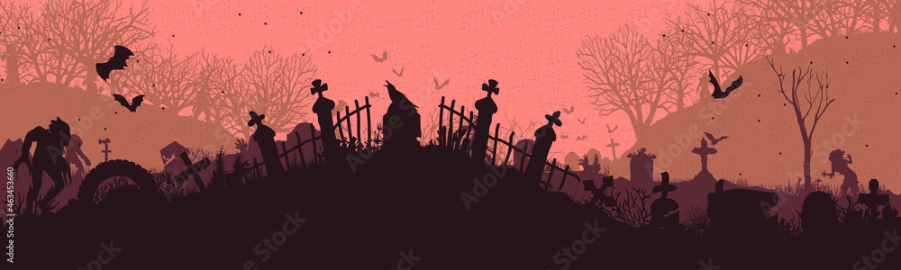 Panoramic silhouette of a cemetery with zombies.
Halloween holiday. Landscape with dead people, monsters and crosses. Spooky illustration
Vector illustration for Halloween. eps 10 Panoramic silhouette of a cemetery with zombies.
Halloween holiday. Landscape with dead people, monsters and crosses. Spooky illustration
Vector illustration for Halloween. eps 10