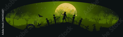 Panoramic silhouette of a cemetery with zombies.
Halloween holiday. Landscape with dead people, monsters and crosses. Spooky illustration
Vector illustration for Halloween. eps 10