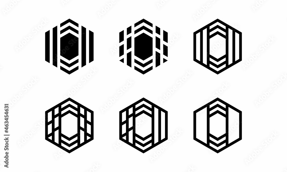 Set of Modern monogram, emblem, logo. Hexagon, cube of parallel lines logo design vector template. on a white background. Set of Modern monogram, emblem, logo. Hexagon, cube of parallel lines logo design vector template. on a white background.