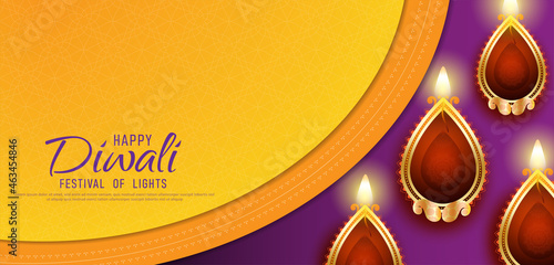 Happy Diwali - festival of lights colorful banner template design with decorative diya lamp.