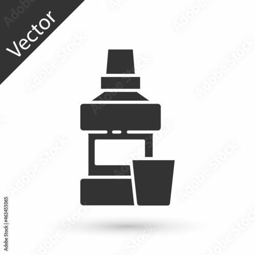 Grey Mouthwash plastic bottle and glass icon isolated on white background. Liquid for rinsing mouth. Oralcare equipment. Vector