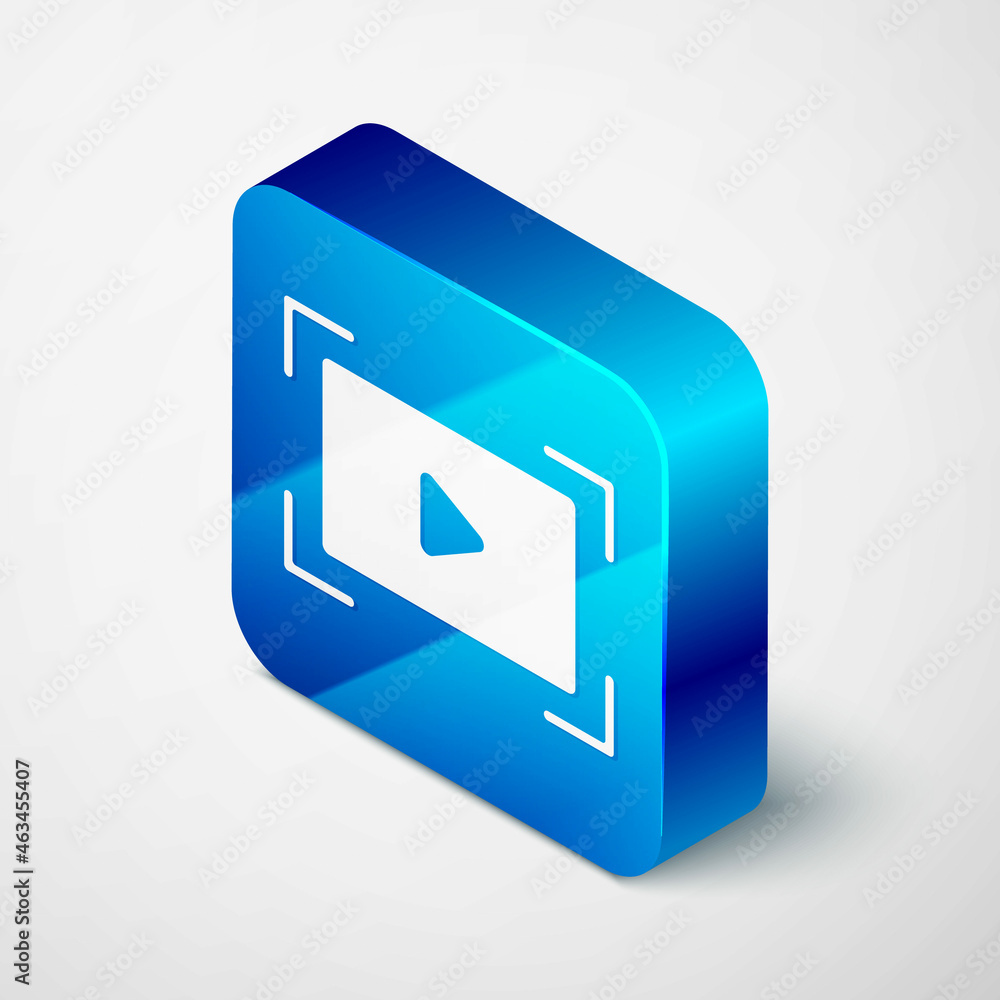 Isometric Online play video icon isolated on grey background. Film strip with play sign. Blue square button. Vector Isometric Online play video icon isolated on grey background. Film strip with play sign. Blue square button. Vector