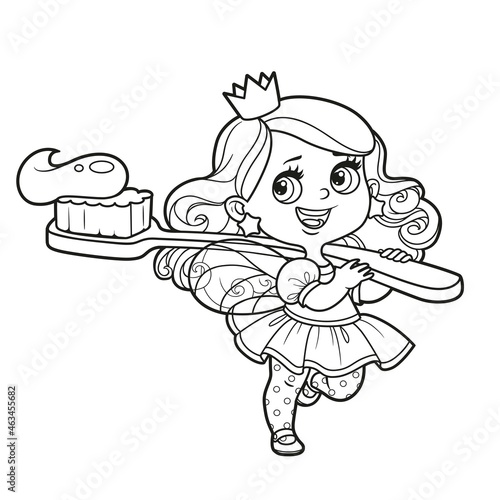 Cute little tooth fairy with a big toothbrush on his shoulder outlibed for coloring on a white background