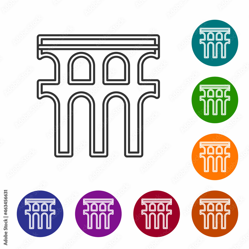 Black line Aqueduct of Segovia, Spain icon isolated on white background. Roman Aqueduct building. National symbol of Spain. Set icons in color circle buttons. Vector