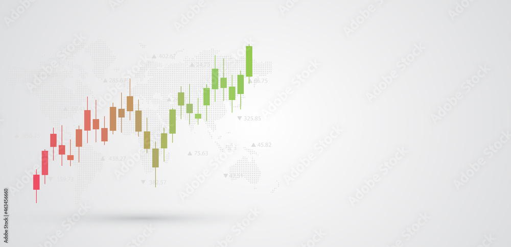 Financial chart with moving up stock graph pattern and world map in black and white color background