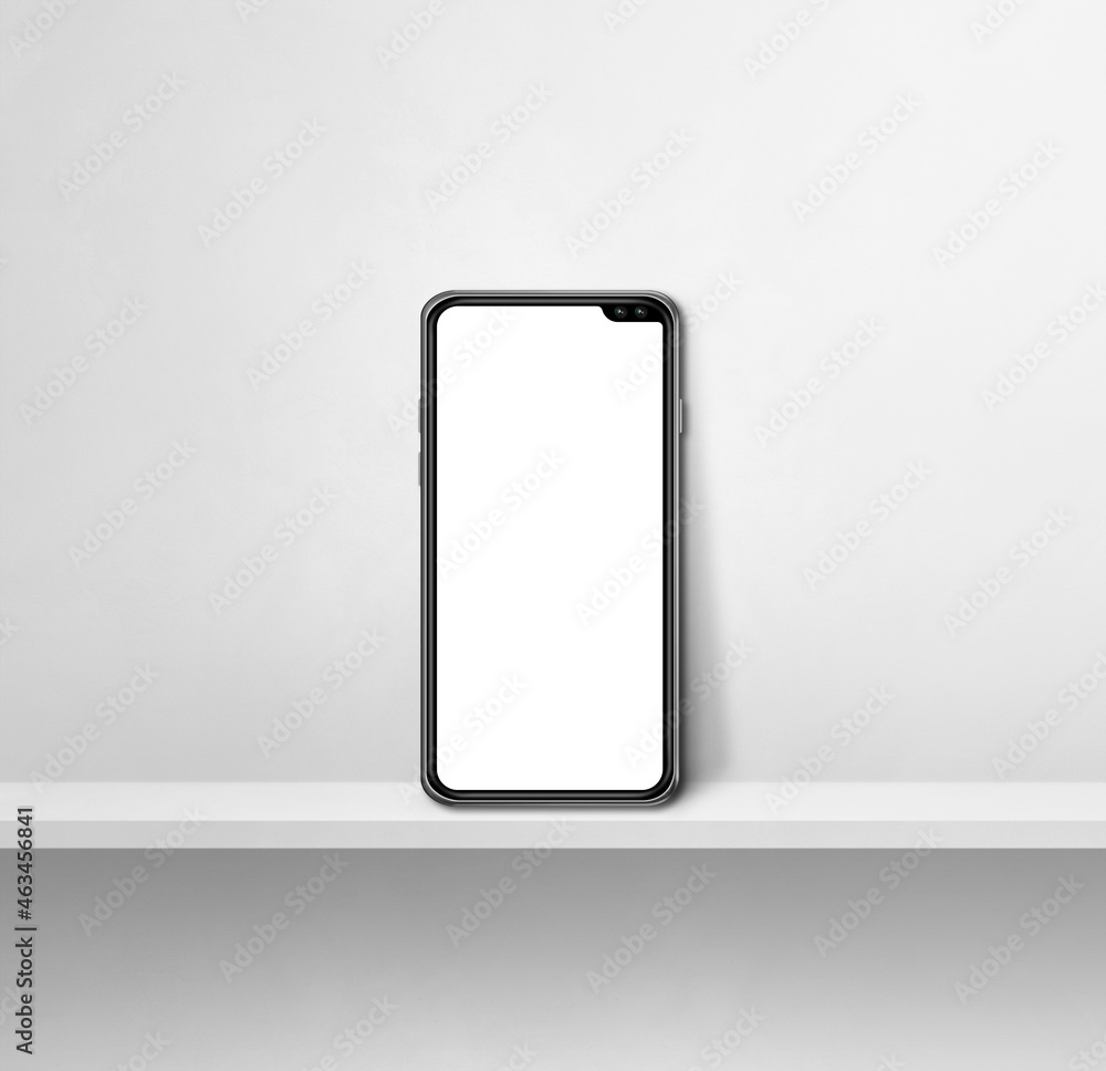 Mobile phone on white concrete wall shelf. Square background Mobile phone on white concrete wall shelf. Square background