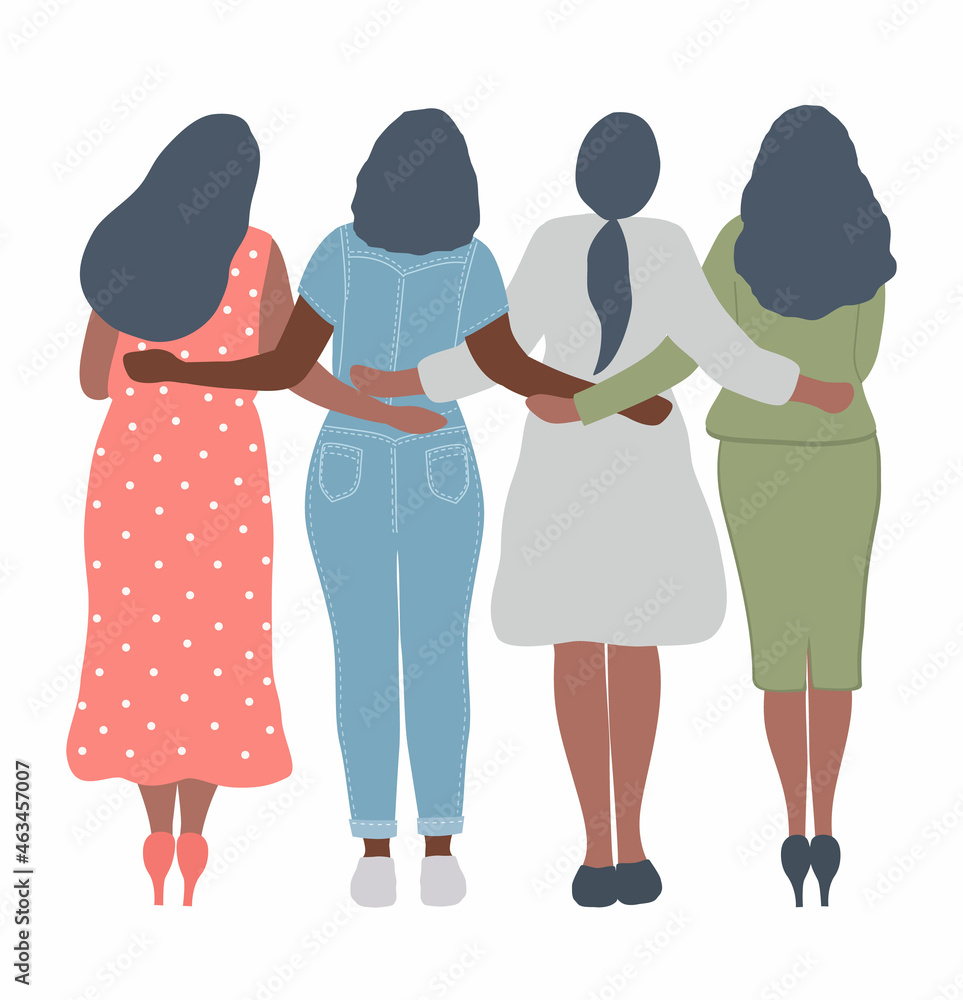 Four women are standing and hugging. Back view. International Women's Day concept. Girls power. Women's community. Female solidarity. Vector illustration Four women are standing and hugging. Back view. International Women's Day concept. Girls power. Women's community. Female solidarity. Vector illustration