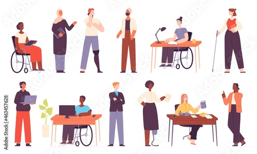 Diverse people work, office multicultural workers or students. Muslim business woman. Inclusion workplace with disabled character vector set