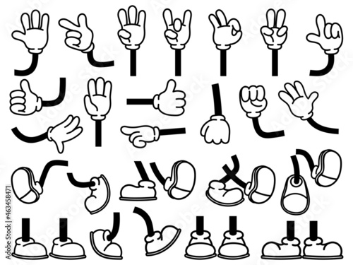 Vintage cartoon hands in gloves and feet in shoes. Cute animation character body parts. Comics arm gestures and walking leg poses vector set photo