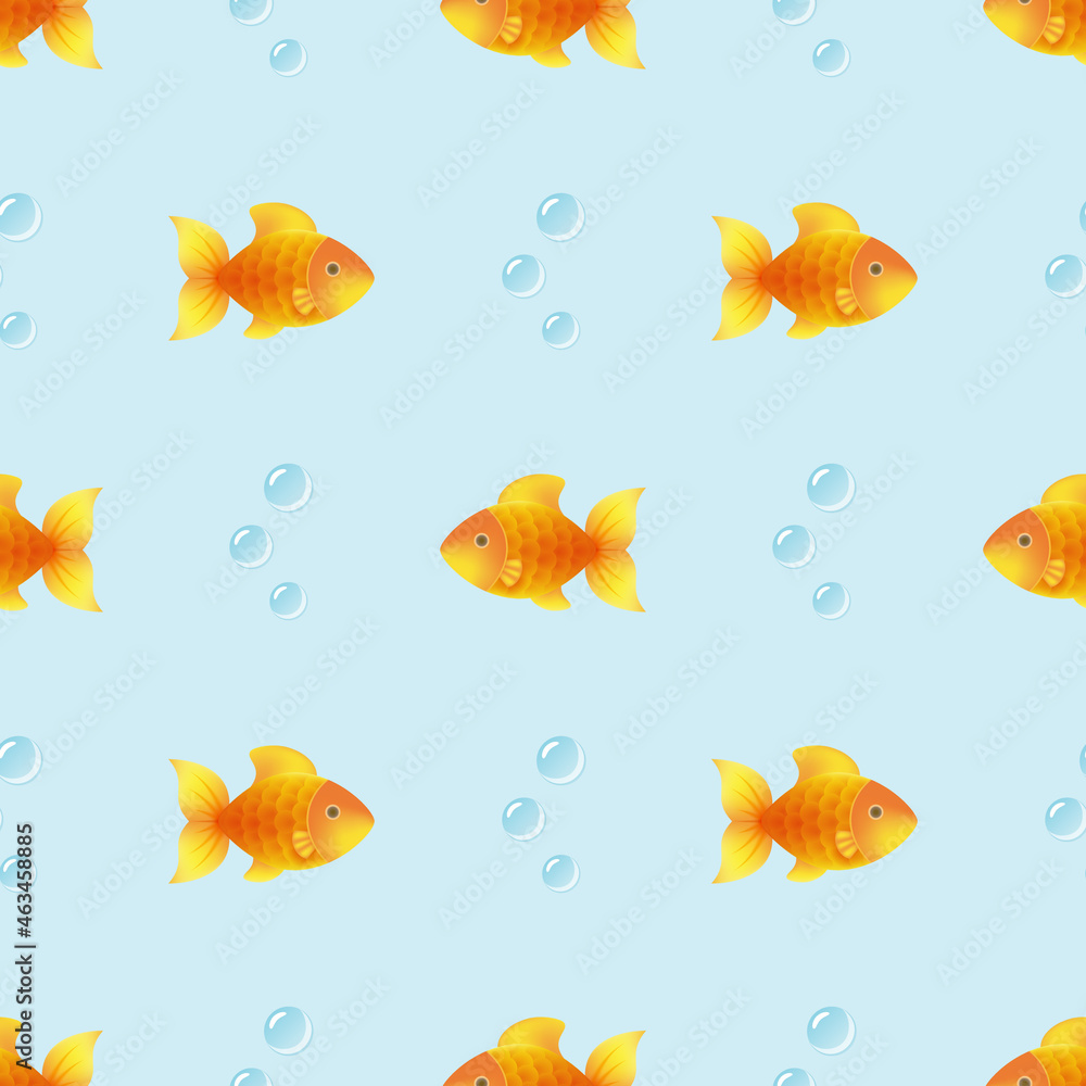 Vector cute tiny goldfish pattern. Colorful kids background with golden aquarium fish and bubbles