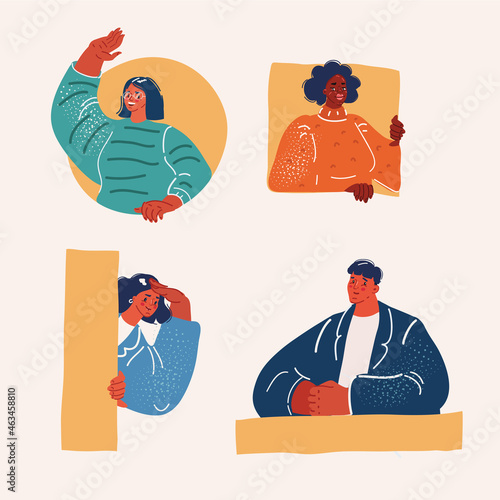 Vector illustration of Smiling persons faces appear from holes or windows. Man and woman looking outside square hole. Curious human watching from wall. Man sit at desk