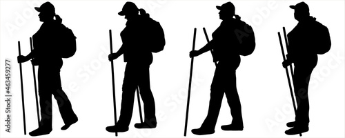 Black female silhouettes isolated on white background. Women on a health walk follow each other. Health way. Side view. Hiking. Tourist in a cap with a cane in his hand and a backpack behind his back.