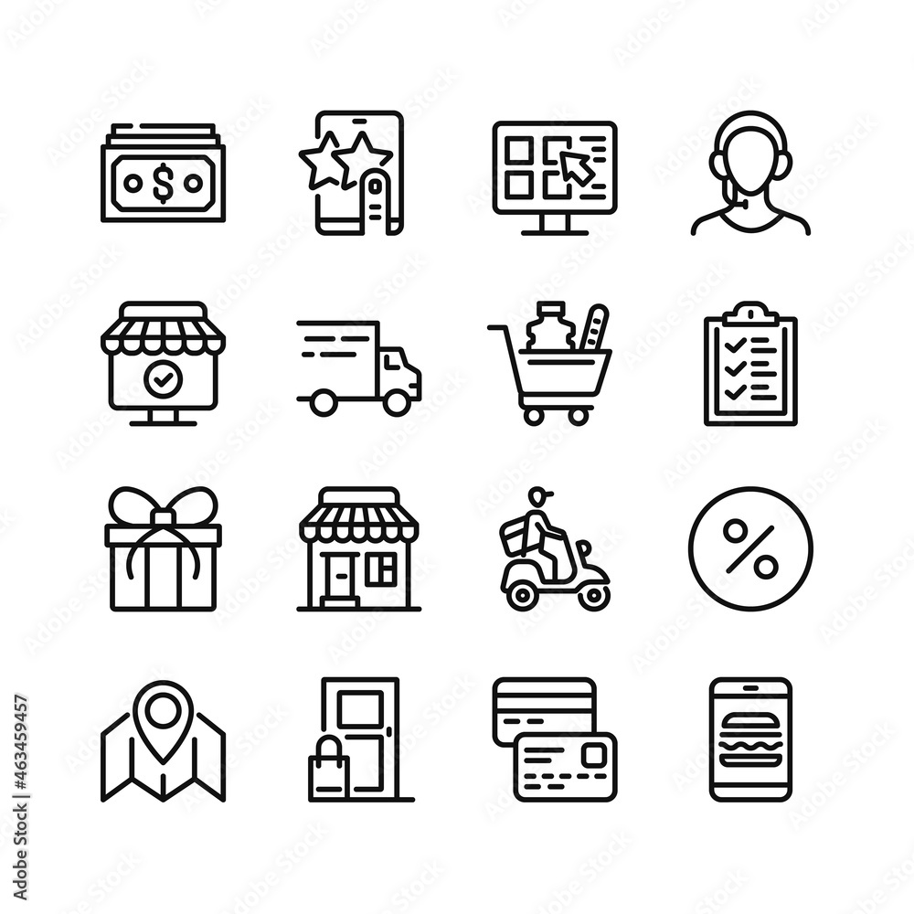 Shopping line icons. Set of outline symbols, simple graphic elements ...
