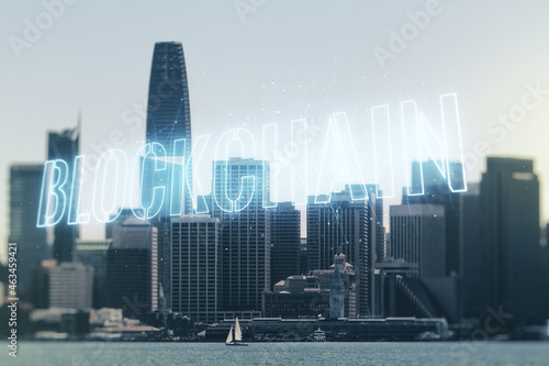 Abstract virtual blockchain technology sketch on San Francisco office buildings background, future technology and blockchain concept. Double exposure
