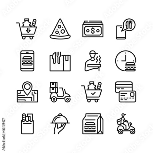 Food delivery line icons. Set of outline symbols, simple graphic elements, modern linear style black pictograms collection. Vector line icons set