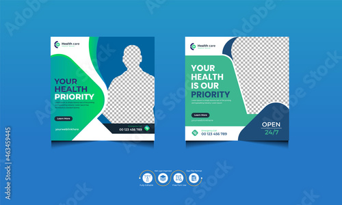 Medical Healthcare Social Media Post Template Design. Hospital Healthcare Doctor Social Media Post Banner Editable Design Set Template
