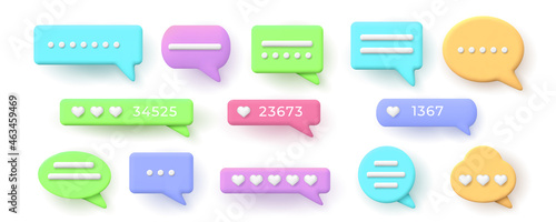 3d speech bubbles for chat messages and like button. Balloon with social network hearts rating. Conversation notification frame vector set