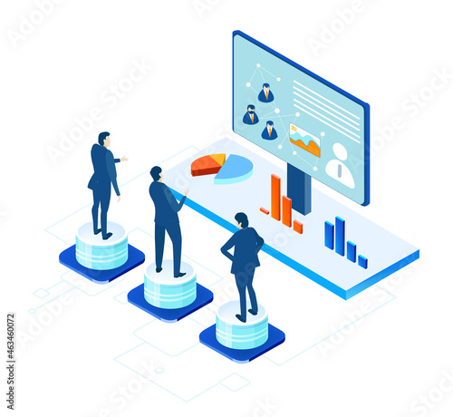 Isometric 3D business concept environment, Business people having a meeting, technology, big data, computing, artificial intelligence, writing applications concept illustration