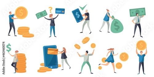 Flat tiny characters paying with money, card and phone. People holding cash, bill and coins. Refund, exchange and payment vector concept set