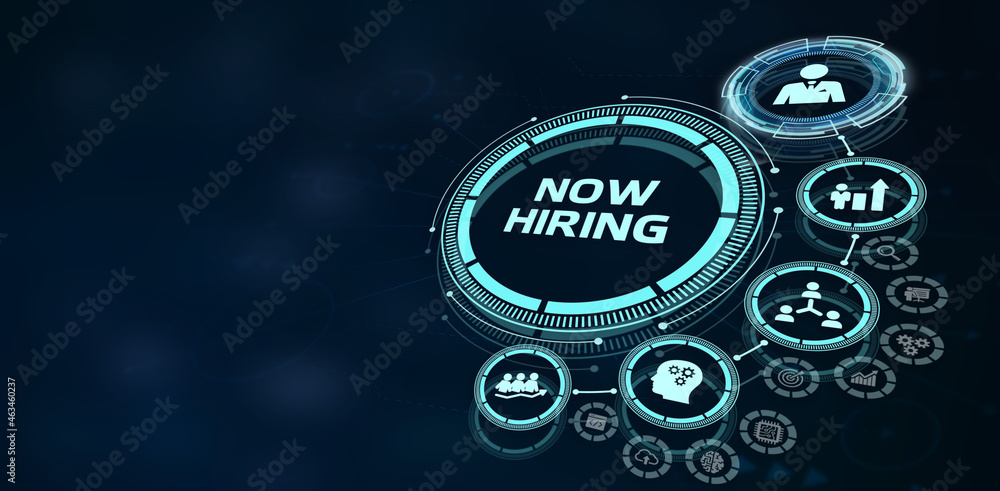 Business, Technology, Internet and network concept. NOW HIRING inscription, modern technology business concept. 3d illustration Business, Technology, Internet and network concept. NOW HIRING inscription, modern technology business concept. 3d illustration