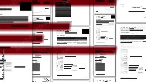 Animation of erasing text of secret classified file using a black marker to censor. Illegal or secret activity information on paper documents being blacked out