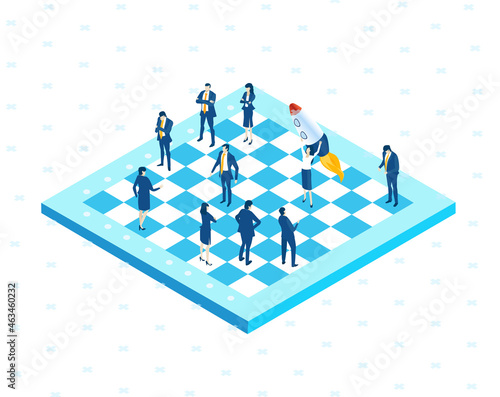 Business people playing chess game. Isometric environment design with lots of business people solving problems, finding solutions and helping each other. Global business, work as a team