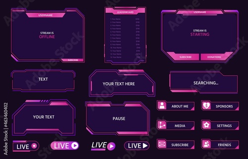 Live stream interface overlay frames for gamer broadcast. Cyber hud screen, panels, buttons and icons design for game streaming vector set