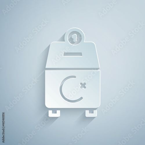 Paper cut Donate or pay your zakat as muslim obligatory icon isolated on grey background. Muslim charity or alms in ramadan kareem before eid al-fir. Paper art style. Vector