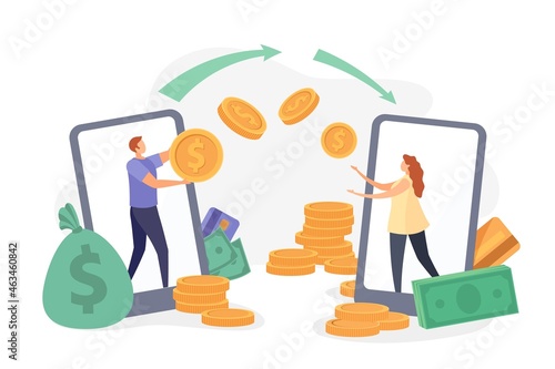 Flat characters transfer money with smartphone wallet app. Instant payment receiving, mobile bank transaction, cashback pay vector concept
