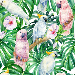 Handdoek met foto Papegaai patronen Kaketoe en hibiscus in jungle  © Hanna